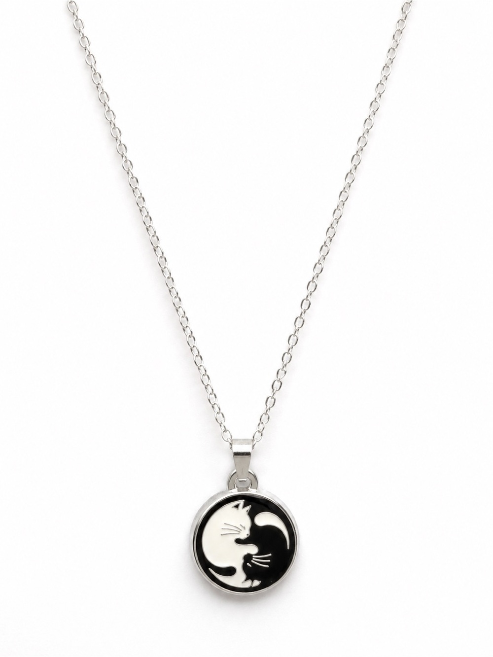 Silver Tone Yin Yang Cat Pendant Necklace Black White Cat Charm Round Necklace